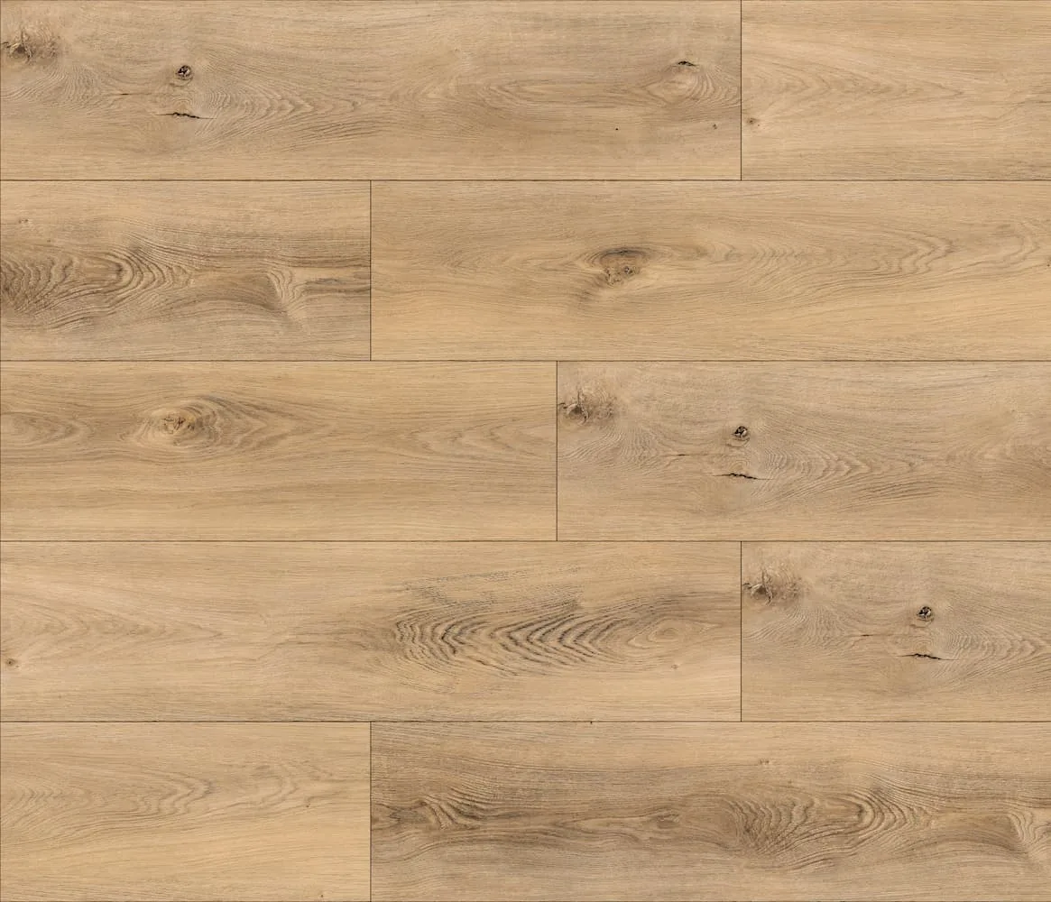 Megaclic Aquashield Springtime (MCAS-3201, AC4) waterproof laminate plank flooring in a warm natural oak tone, close-up