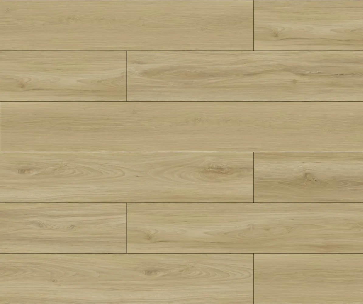 Newton Megaclic Aquashield Newton (MCAS-3208, AC4) waterproof laminate plank flooring in a soft natural beige oak tone, close-up