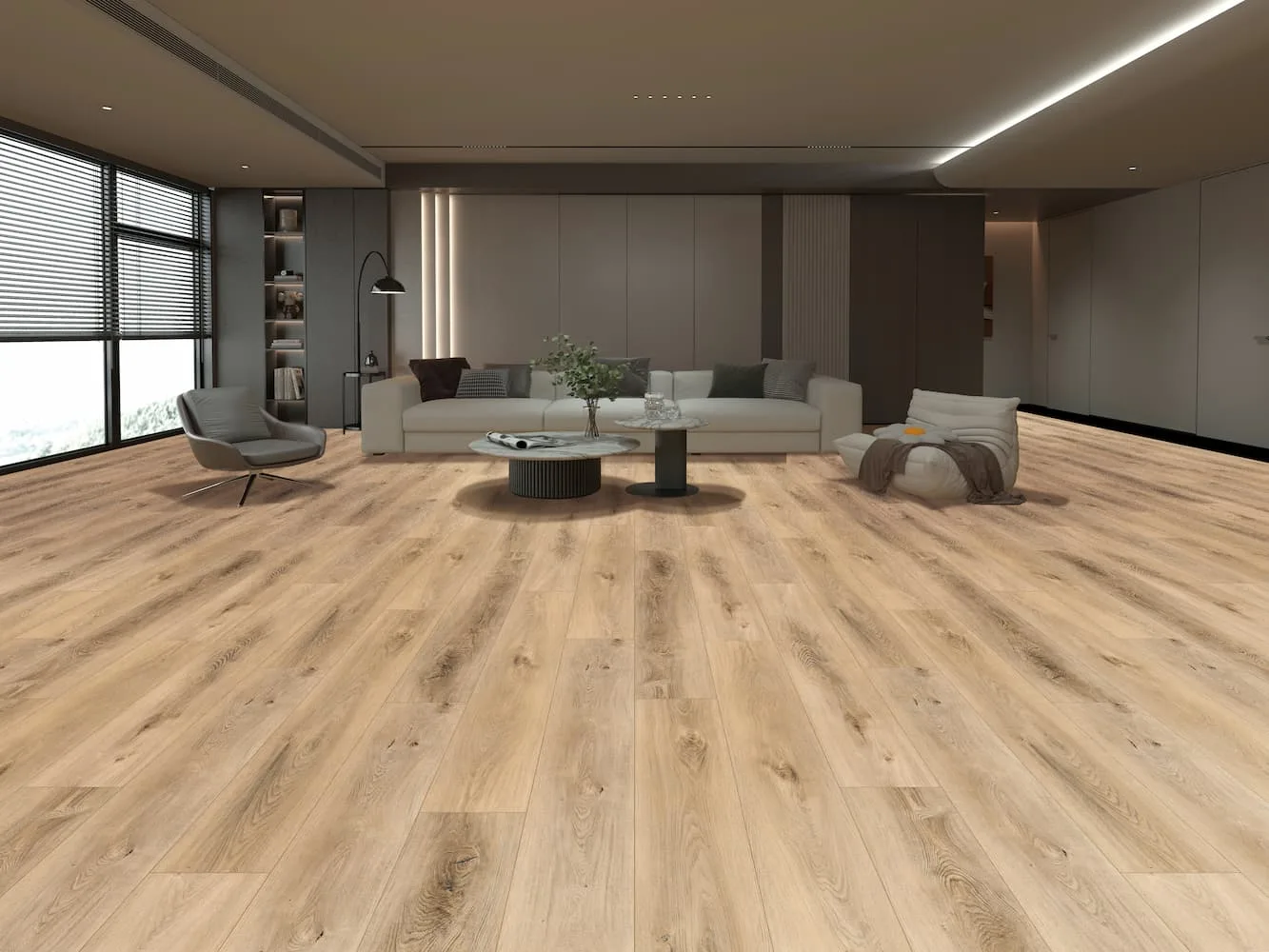 Aquashield Springtime waterproof laminate flooring in a furnished living room, sold direct at Kwest Flooring in San Diego