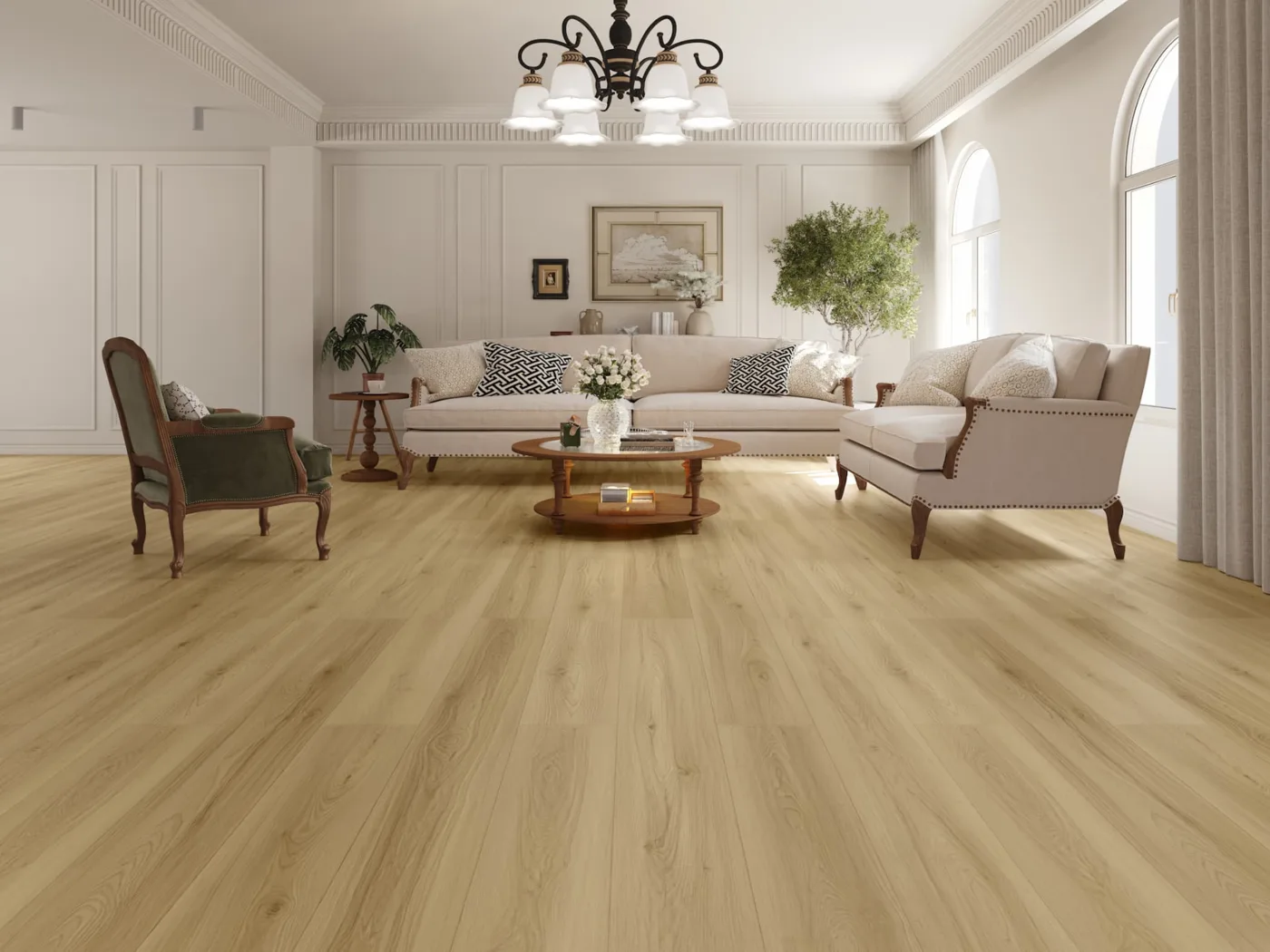 Santerra Aveline waterproof laminate flooring in a furnished living room, sold direct at Kwest Flooring in San Diego