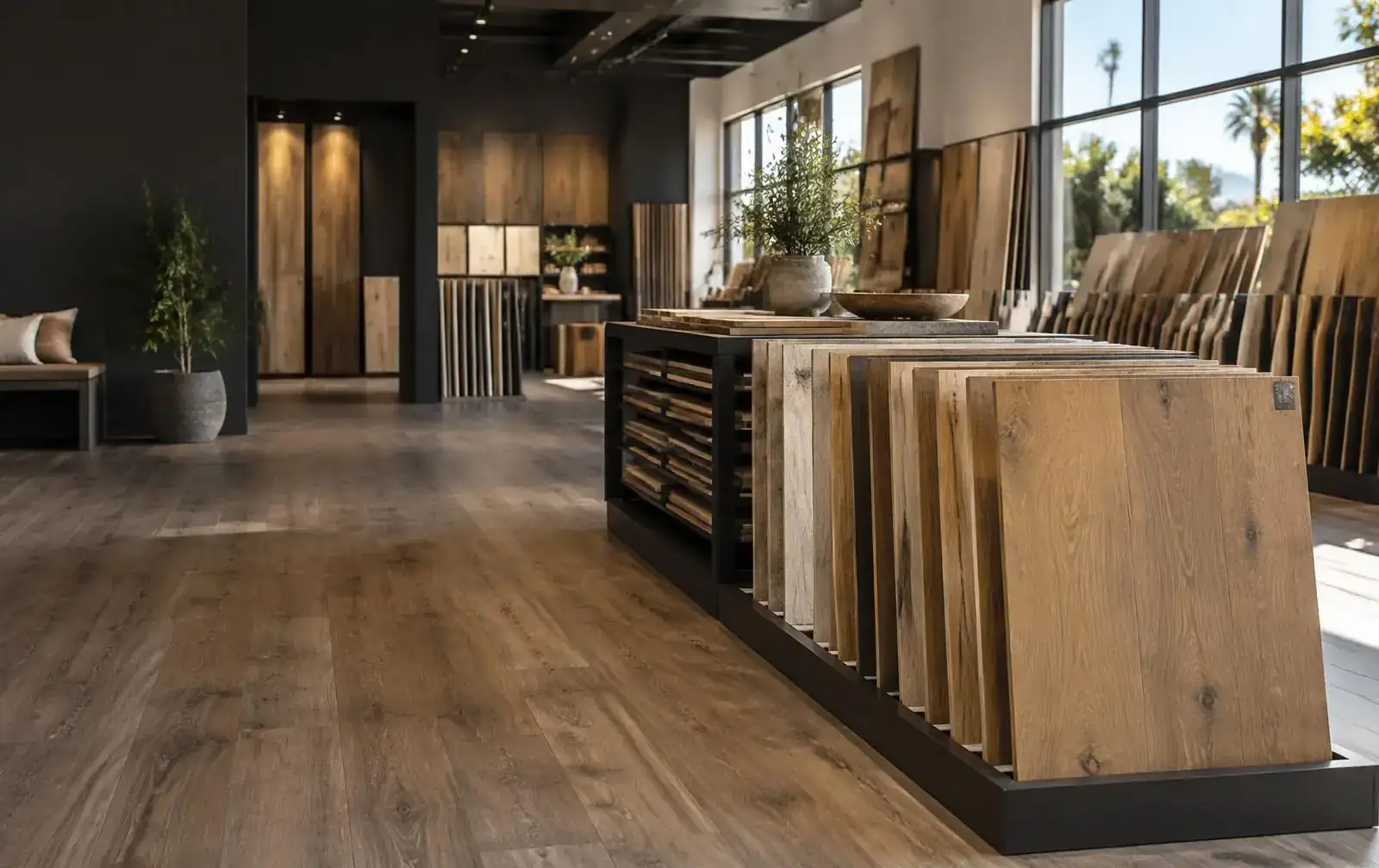 Warm wood and waterproof flooring samples displayed in a spacious showroom